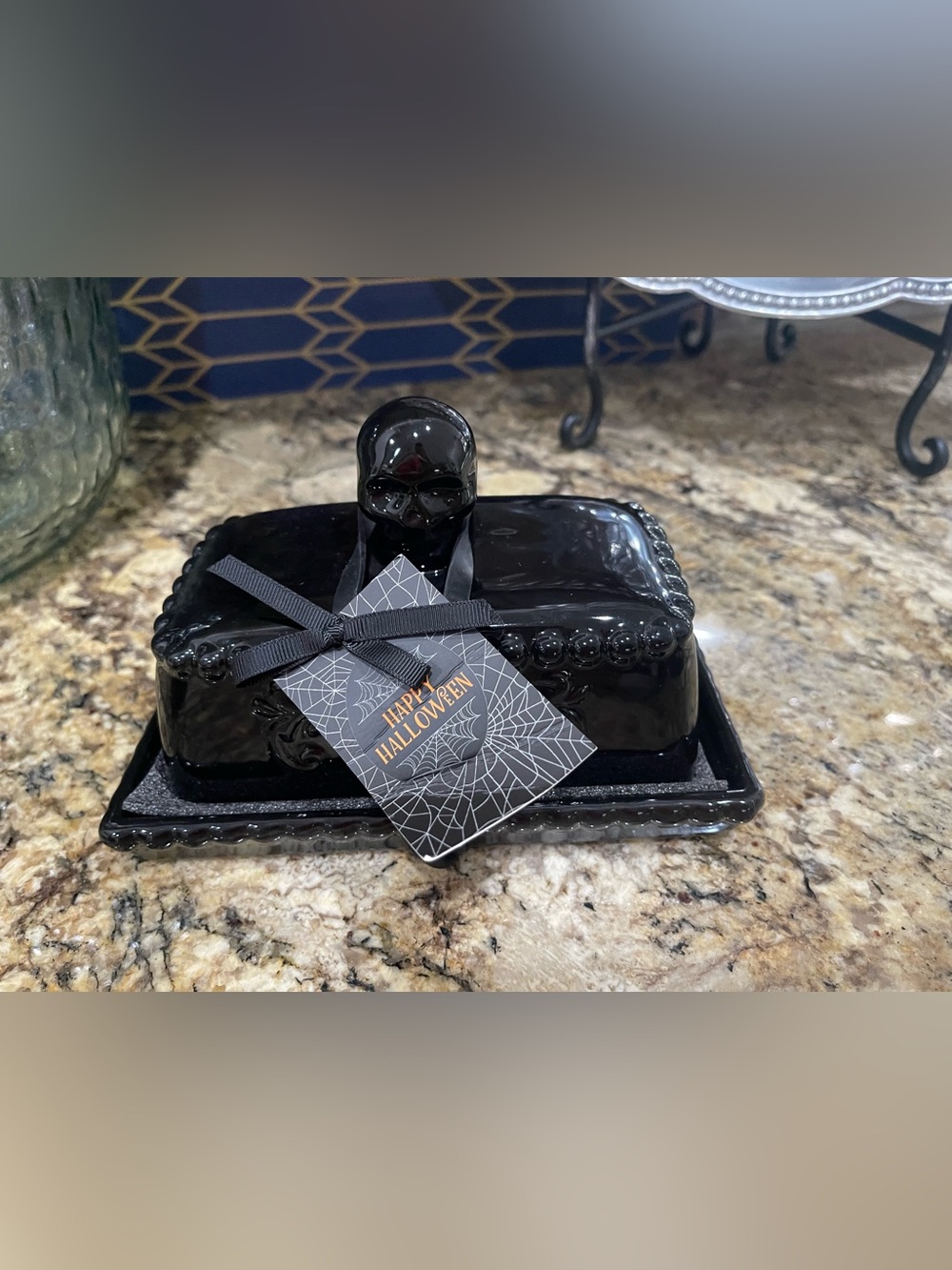 Cobwebs and Cauldrons black figural skull covered butter dish - BRAND NEW!